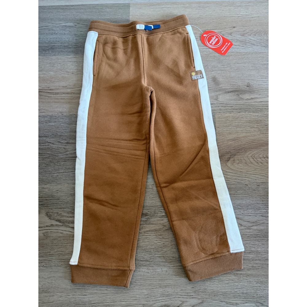 Boys Brown Fleece Jogger Pants cream Side Stripe Size 6 NWT